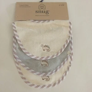 NEW 3 Baby Bibs Bibs Cotton with Snaps Dinosaur Theme Striped Trim | Snug - Picture 1 of 6