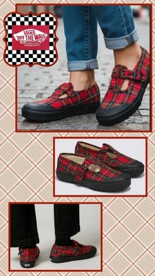 全新! 范斯风格 93 Mary Janes T 形带红色/黑色格子呢女式 7,男式 5.5 — 第 1/4 张图片