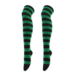Striped Patterned Socks (Thigh High) Green and Black - Picture 1 of 3