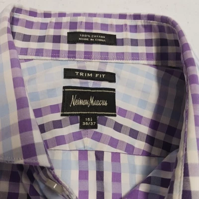 Neiman Marcus Shirt Men Purple Plaid Wrinkle Free Cotton SZ/16.5  36-37 - Image 1 of 4