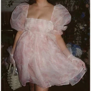 💕$295 SELKIE SZ MEDIUM PINK ORGANZA PUFF SLEEVE BABYDOLL MINI DRESS - Picture 1 of 9