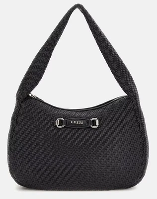 Guess Woven Zipper Faux Leather Hobo Shoulder Womens Bag In Black - Image 1 of 4
