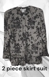 Josephine Chaus 1980’s Vintage 2 piece Pleat skirt Suit outfit Gray black Floral - Picture 1 of 4