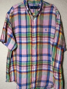 Ralph Lauren 100% Linen Men's XXL 2XL Colorful Plaid Madras Camp Shirt Preppy - Picture 1 of 7