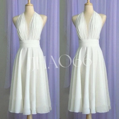 Halter Neck Wedding Dresses Chiffon White Sleeveless Beach Summer Bridal Gowns - Image 1 of 4