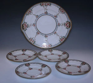 ANTIQUE MORIMURA NIPPON, JAPAN 5 PIECE CAKE SET  PLATTER PLATES CHERRY BLOSSOM  - Picture 1 of 7