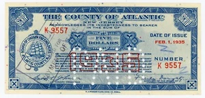 US/The County OF Atlantic  N.J Depression ... 5 Dollar ... 1935 ...  *UNC* - Picture 1 of 2