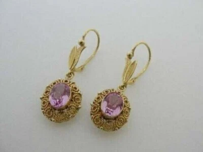 Yellow Gold Plated Silver Simulated Pink Sapphire Drop Dangle Earrings Women's - Image 1 of 4