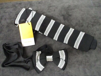 TOTALMENTE NUEVO Dan Smith Tejido Microfibra 2" Corbata y Pajarita Combo Negro Con Rayas Foto 1 de 3