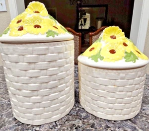 Farmhouse Style Sunflowers Lidded Jars Off-White Basketweave Canister Set - Picture 1 of 16