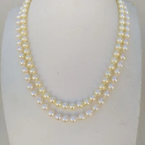 2 Rows 6-7mm Natural Akoya White Light Yellow Pearl Necklace 18" 14k Gold P - Picture 1 of 6