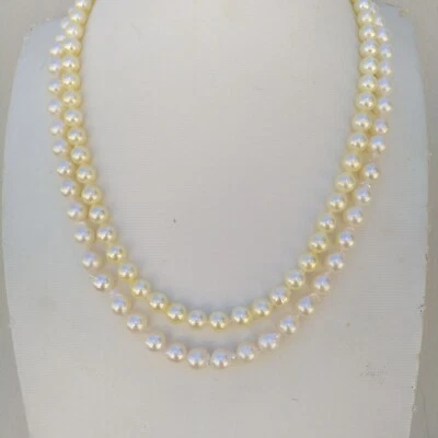 2 Rows 6-7mm Natural Akoya White Light Yellow Pearl Necklace 18" 14k Gold P - Image 1 of 4
