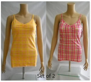 SO Cami Tops Juniors Large Yellow & Raspberry Plaid Stretch With Shelf Bra - Picture 1 of 11