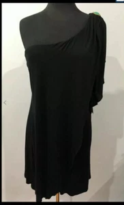 New Badgley Mischka Ruffle Designer Black Green One Shoulder Dress Medium - Picture 1 of 10