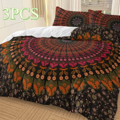 Soft Bohemian Duvet Cover Set 3PCS Twin Size Black Orange Mandala Bedding Set - Image 1 of 4