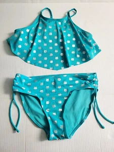 Justice 2 Piece Swimsuit Girls Sz 20 Teal Silver Cats - Picture 1 of 4