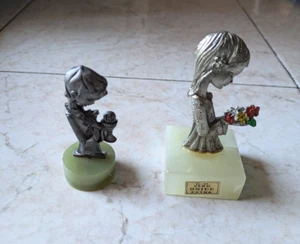 Coppia Statuette Bambina in Peltro su Base di Onice Preghiera – Vintage 8 e 11cm - Bild 1 von 4