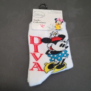 New White Disney Minnie Mouse "DIVA" Woman's Crew Socks Shoe Size 9-11 - Picture 1 of 3