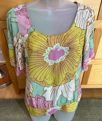 Top de seda Odille talla 6 manga corta multicolor cintura con bandas estampado floral grande Foto 1 de 4