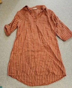 Tempo Paris Tunic Shirt Womens Small Medium Rust Stripe V Neck Roll Tab Hem - Picture 1 of 11