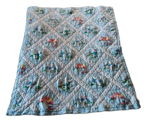 Vintage Schlümpfe Satinbesatz gesteppte Babydecke doppelseitig 41 x 33 - Bild 1 von 16