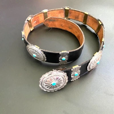 LF DESIGNS 1970s Sterling Silver and Turquoise Concho Black Leather Belt Buckle - Image 1 of 4