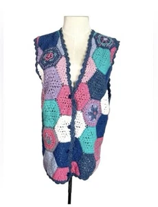 Vintage Granny Square Strick Weste Häkel Patchwork Gr. Medium blau rosa - Bild 1 von 7