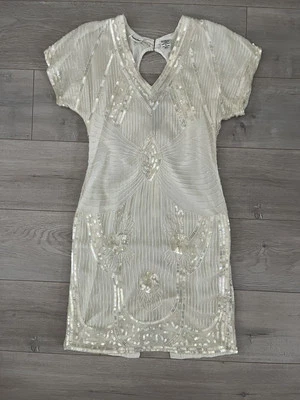 Womens Vintage Silk NEIMAN MARCUS Ivory Art Deco Cocktail Party Sequin Dress, S - Image 1 of 4