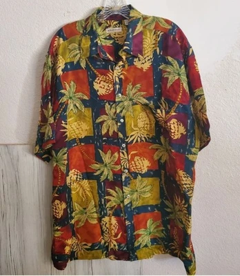 Camisa Vintage Birmania Bibas 100% Seda Manga Corta Roja Tropical Piña Talla L Foto 1 de 4
