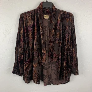 URU Kimono Jacket Womens Large Brown Purple Silk Velvet Burnout Open Front Drape - Picture 1 of 8
