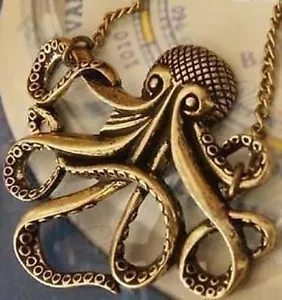 OCTOPUS pendant VINTAGE brass NAUTICAL NECKLACE antique bronze LONG CHAIN squid - Picture 1 of 1