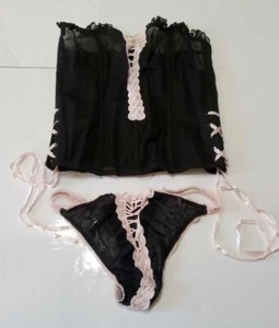 Leg Avenue See Through Black Pink Lace Metal Hook Corset and Thong Lingerie Med - Picture 1 of 11