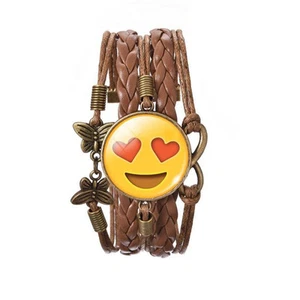 Love Face Smile Emoji Bronze Brown Leather Emotions Bangle Bracelet BB169 - Picture 1 of 1