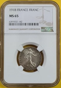 1918 FRANCE FRANC NGC MS65 Silver 【KM#682】 - Picture 1 of 5