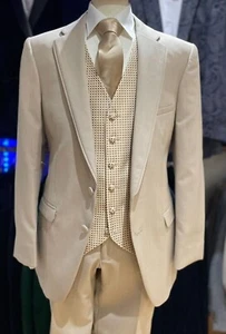 WEDDING SUIT BEIGE OATMEAL 5 PIECE JACKET TROUSERS WAISTCOAT SHIRT TIE PACKAGE - Picture 1 of 19