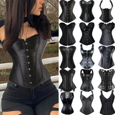 Women Burlesque Basque Top Gothic Overbust Boned Corset  Lace-Up Bustier Costume - Image 1 of 4