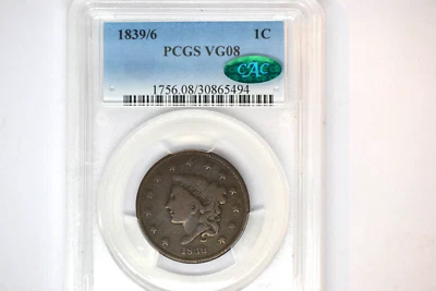 1839/6 Coronet Head Large Cent- PCGS VG-8  CAC.  Extremely Rare. - Image 1 of 4