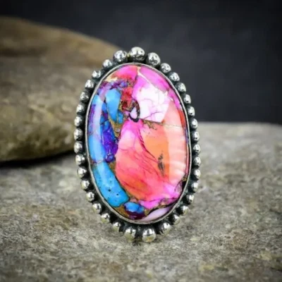 Anillo hecho a mano de plata de ley 925 con piedras preciosas turquesa cobre ostra SA-42 Foto 1 de 4