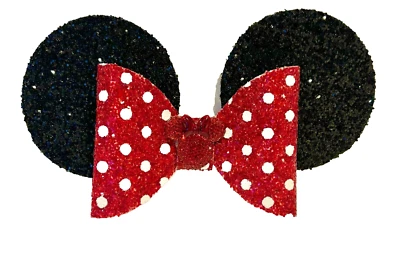 MINNIE MOUSE Lazo de pelo grande de cuero sintético clip de cocodrilo orejas negras lunares rojos Foto 1 de 4