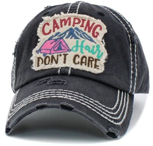 Camping Hair Don't Care Vintage Distressed Adjustable Black Women's Baseball Hat - Picture 1 of 3