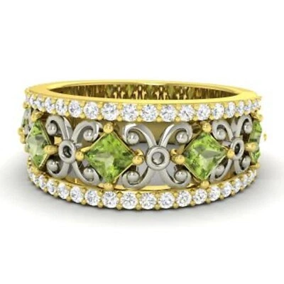 1.31 Ct Princess Natural Peridot & Diamond Eternity Band 14k Yellow Gold Sz 8 - Image 1 of 4