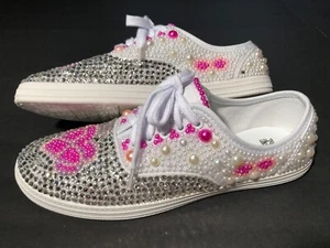 New Women's Bling Crystal and Pearl Embellished Lace Up Sneakers - Picture 1 of 9