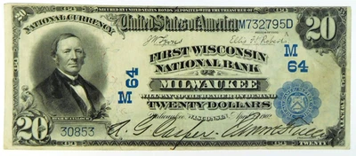 Primer billete de $20 del Banco Nacional de Milwaukee de Wisconsin de 1902PB - CH#64 Foto 1 de 2