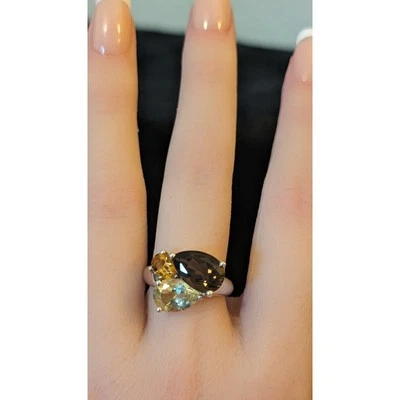 Anillo de plata de ley 925 de cuarzo ahumado, naranja y amarillo citrino piedras preciosas talla 7 Foto 1 de 4