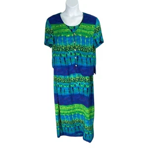 Vintage SL Fashions 2pc Maxi Dress and Jacket Top 16 Rayon Green Blue Abstract - Picture 1 of 13