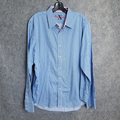 Robert Graham Mens Blue White Striped Plaid Dress Shirt Size XLarge Check Strip - Image 1 of 4