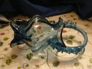 genuine antique vintage blue glass vase basket shape hand blown - Picture 1 of 8