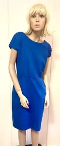 Vtg 80’s Max & Cleo Bright Blue Knit Dress Size L Pockets Pleated Cap Sleeves - Picture 1 of 12