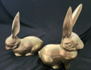 VTG Pair of Solid Brass Long Ear Bunny Rabbits Figurine Paperweight & DAILY SHIP - Picture 1 of 9