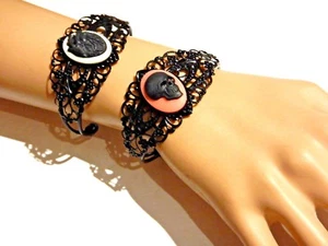 BLACK METAL GOTHIC CAMEO CUFF filigree bracelet bangle Heart Skull emo E3 - Picture 1 of 7